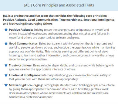 JAC's Core Values and Associated Traits